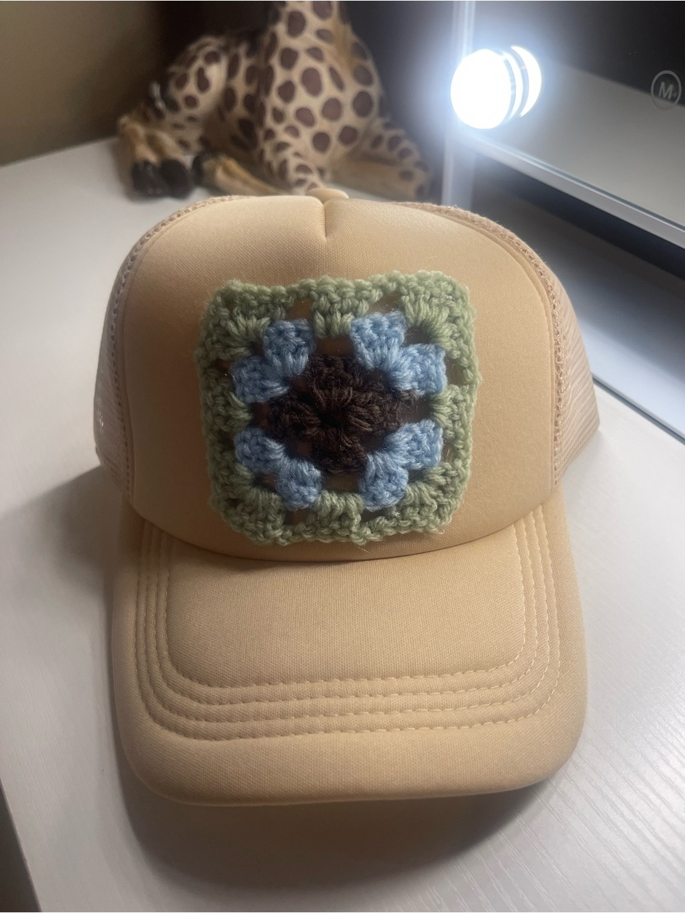 Beige Trucker Hat with Crochet Patch